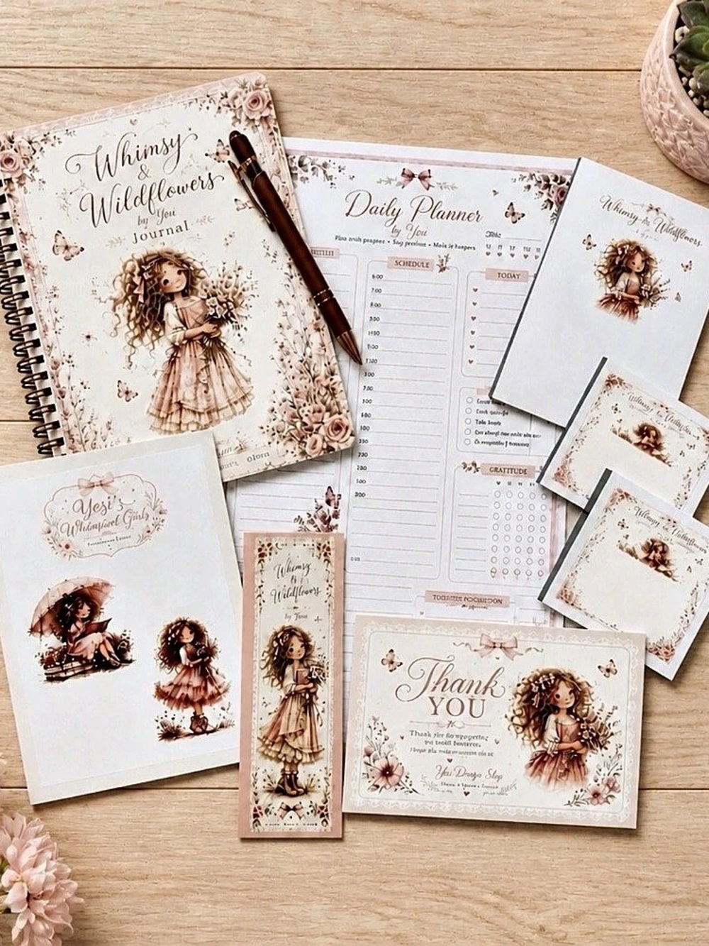 Handmade Whimsy & Wildflowers Journal by Yesi Floral Planner Set in Pink & White
